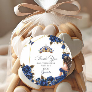 Navy Blue Golden Tiara Roses Quinceañera Classic Round Sticker