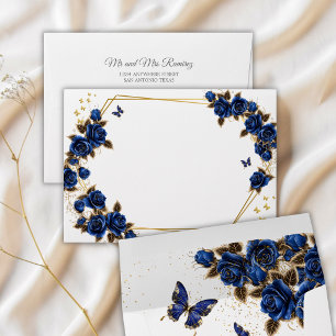 Navy Blue Golden Tiara Roses Quinceañera Envelope