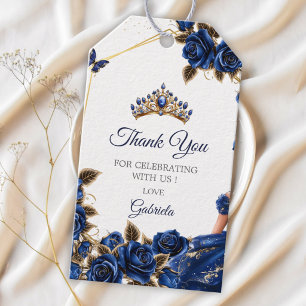 Navy Blue Golden Tiara Roses Quinceañera Gift Tags