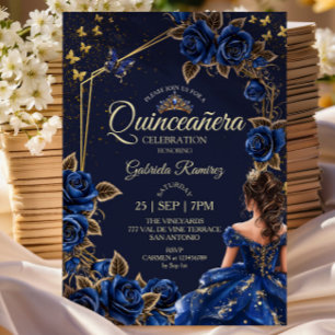 Navy Blue Golden Tiara Roses  Quinceañera Invitation
