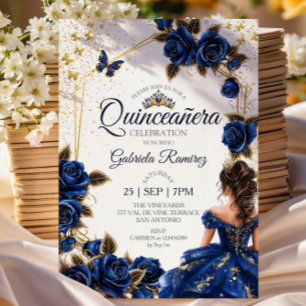 Navy Blue Golden Tiara Roses  Quinceañera Invitation
