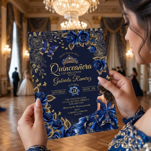 Navy Blue Golden Tiara Roses Quinceañera Invitation