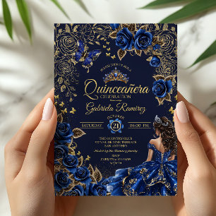 Navy Blue Golden Tiara Roses Quinceañera Invitation