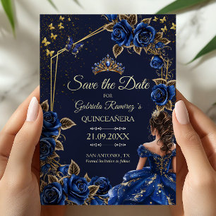 Navy Blue Golden Tiara Roses  Quinceañera Save The Date