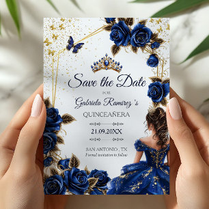 Navy Blue Golden Tiara Roses  Quinceañera Save The Date