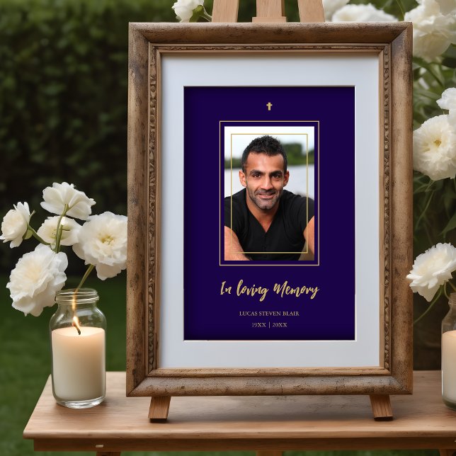 Navy Blue & Golden Traditional Elegant Funeral Poster (Navy Blue & Golden Traditional Elegant Funeral Photo Poster. )