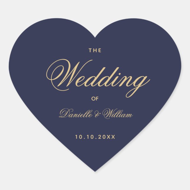 Navy Blue Golden Wedding Heart Elegant Calligraphy Heart Sticker (Front)
