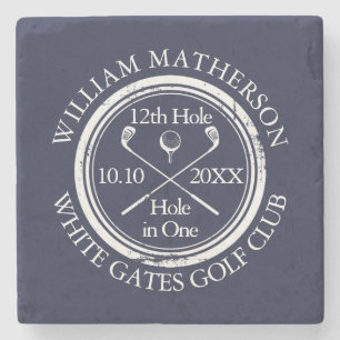 Navy Blue Golf Hole in One Personalized Stone Coaster
