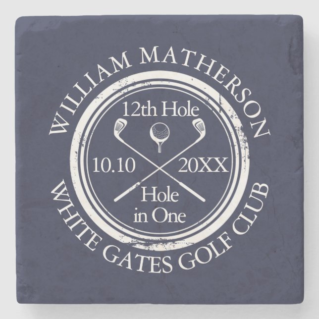 Navy Blue Golf Hole in One Personalized Stone Coaster (Front)