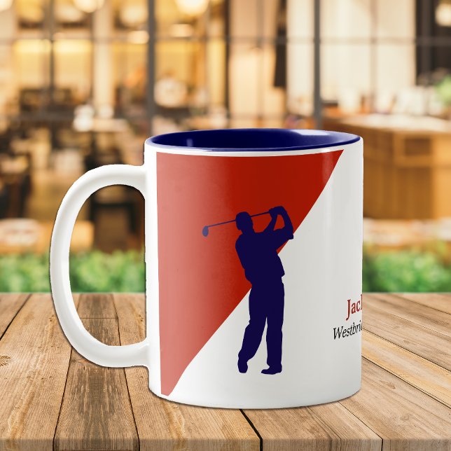 Navy Blue Golfer on Red Diagonal Two-Tone Coffee Mug (Creator Uploaded)