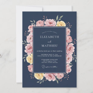 Navy Blue Graceful Botanical Wedding Invitation
