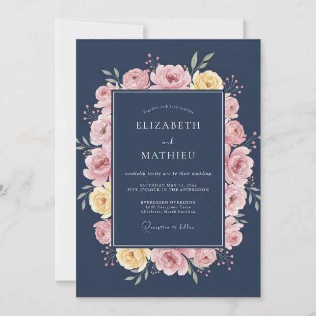 Navy Blue Graceful Botanical Wedding Invitation (Front)