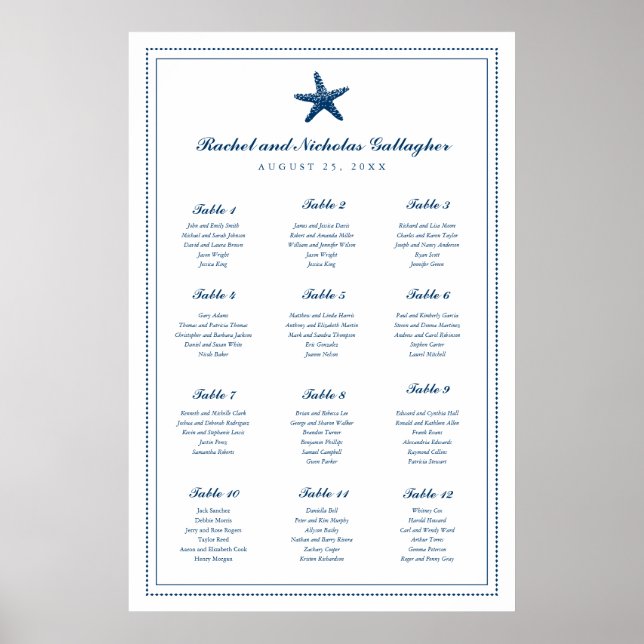Navy Blue Graceful Starfish 24 x 36 Seating Chart (Front)