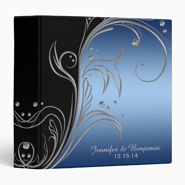 Navy Blue Gradient Black Silver Scrolls Album Binder (Front/Spine)
