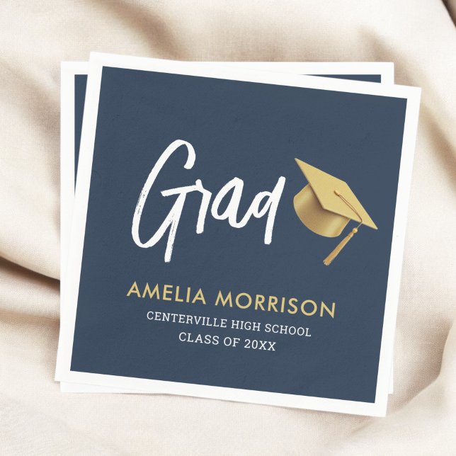 Navy Blue Graduate Gold Cap Graduation Napkin (Creator Uploaded)