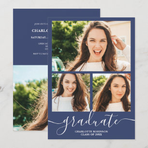 Navy blue graduate script 4 photos graduation invitation