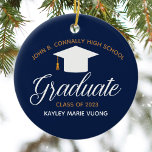 Navy Blue Graduation Custom Graduate Christmas Ceramic Ornament<br><div class="desc">This chic navy blue and gold custom senior graduation Christmas ornament gift features elegant white typography under a high school or college name for the class of 2025. Customize with your graduating year under the lovely calligraphy for a great personalized graduate present.</div>