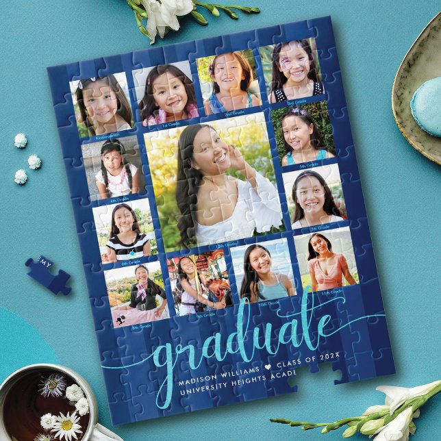 Navy Blue Graduation K–12 13 Photo Collage Script Jigsaw Puzzle (Creator Uploaded)