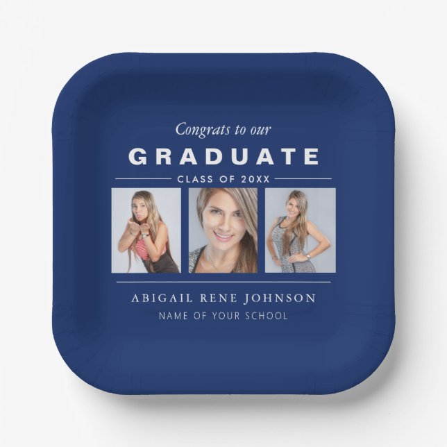 Navy Blue Graduation Photo Collage Personalized Paper Plate (Front)