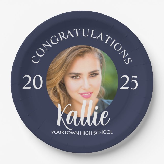 Navy Blue Graduation Photo Congratulations Class Paper Plate (Front)