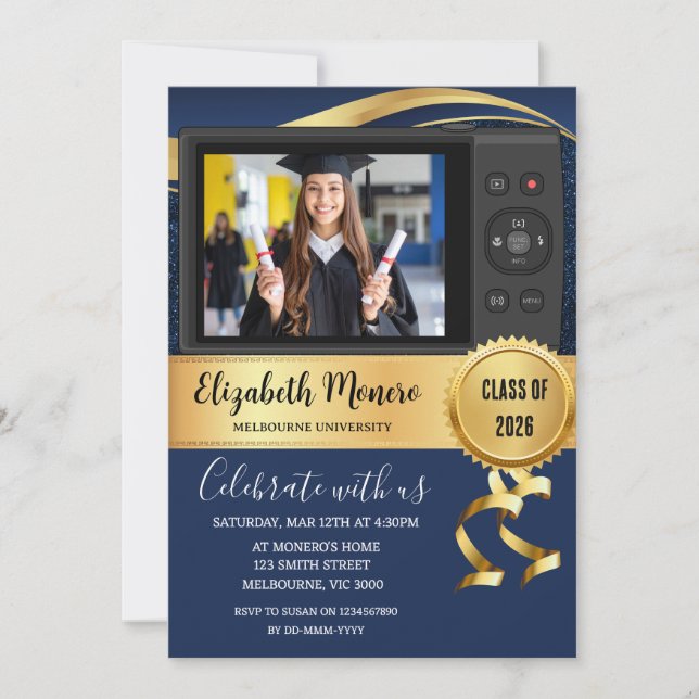 Navy Blue Graduation Photo Invitation (Front)