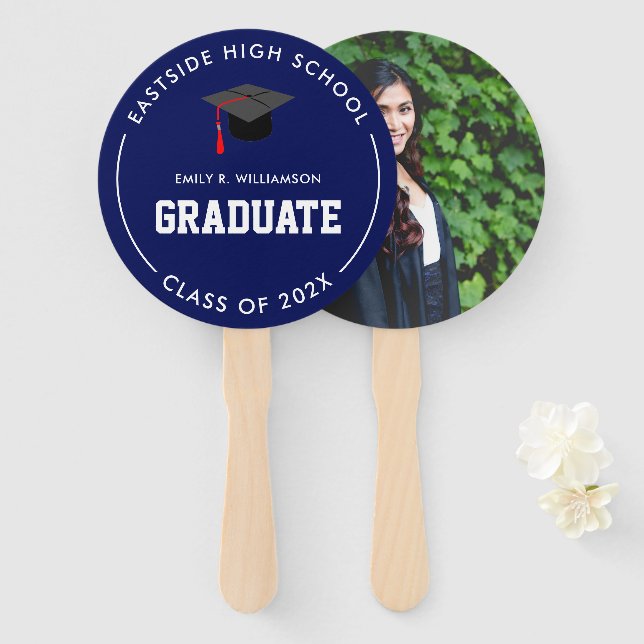 Navy Blue Graduation Photo Personalized Hand Fan (Front and Back)
