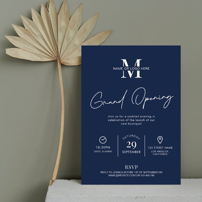Navy Blue Grand Opening Logo Minimalist Business Invitation (Creator Uploaded)
