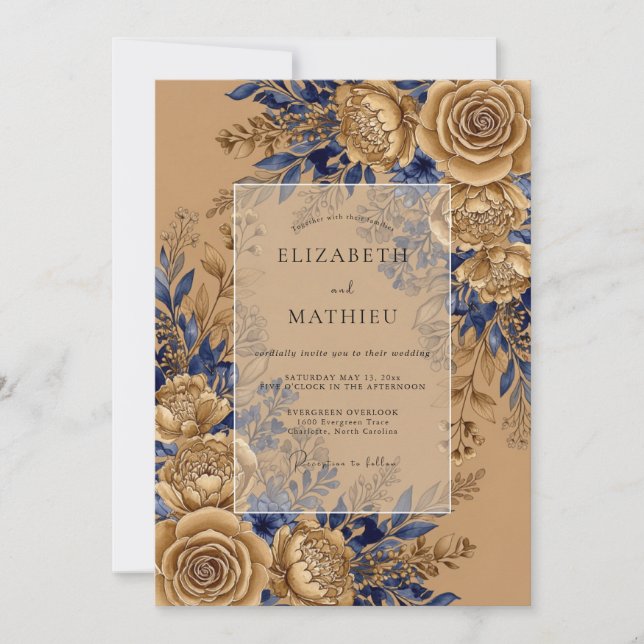 Navy Blue Grandiose Rustic Wedding Invitation (Front)