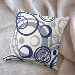 Navy Blue Gray Circle Abstract Design Throw Pillow