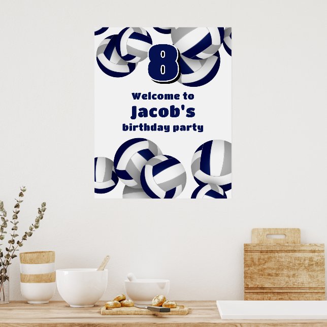 navy blue gray volleyballs birthday party welcome poster (Kitchen)