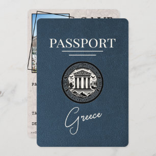 Navy Blue Greece Passport Save the Date Card
