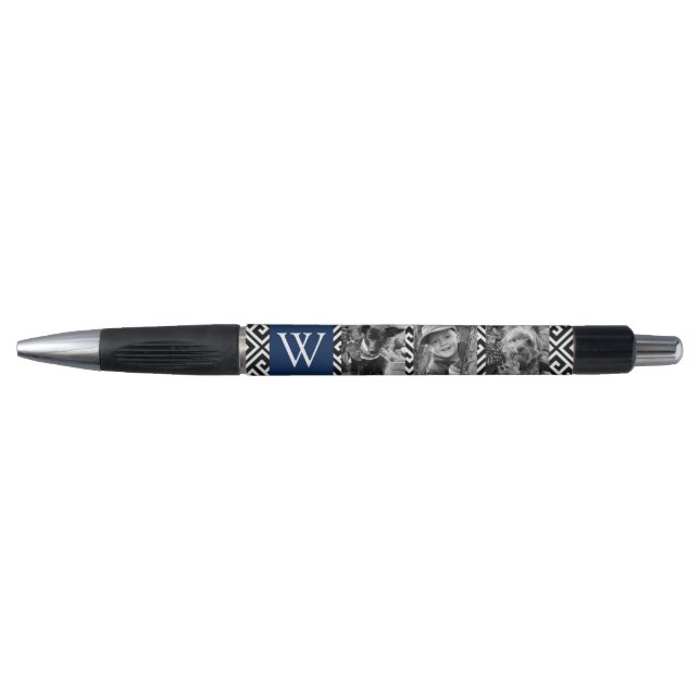 Navy Blue Greek Key and Monogram Photo Collage Pen (Front)