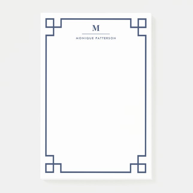 Navy Blue Greek Key Border Monogram Personalized Post-it Notes (Front)