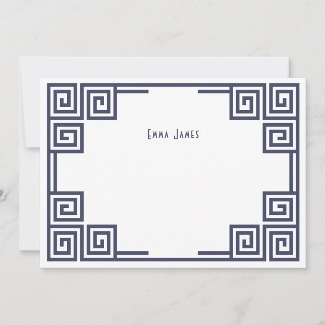 Navy Blue Greek Key Border Personalized Stationery Card (Front)