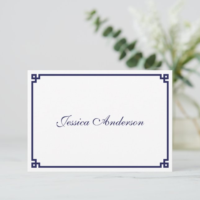 Navy Blue Greek Key Border Wedding Place Card (Standing Front)