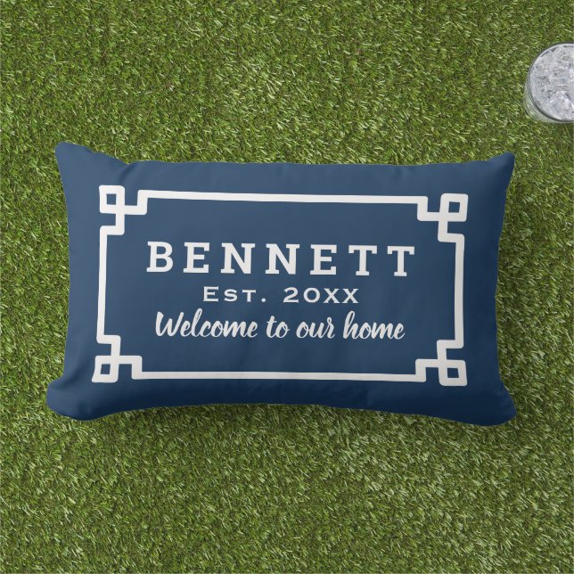 Navy Blue Greek Key Monogram Welcome Lumbar Pillow (Grass)