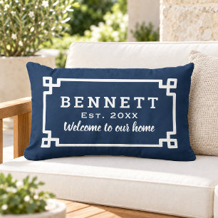 Navy Blue Greek Key Monogram Welcome Lumbar Pillow