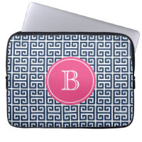 Navy Blue Greek Key Pattern Hot Pink Monogram
