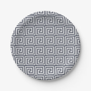 Navy Blue Greek Key Pattern Paper Plate