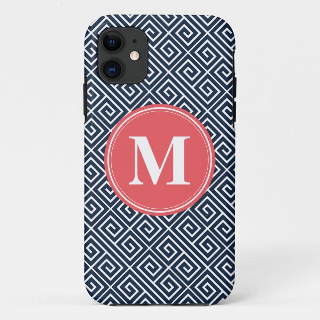 Navy Blue Greek Key Pattern Watermelon Monogram Case-Mate iPhone Case (Back)