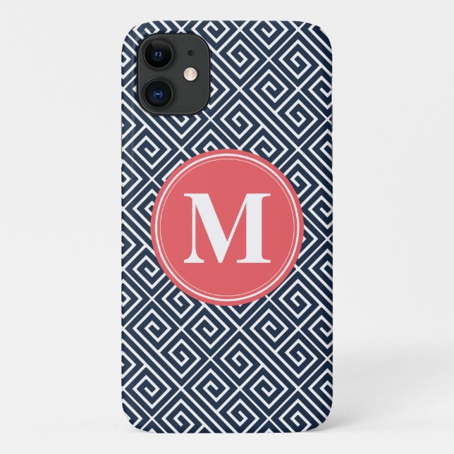 Navy Blue Greek Key Pattern Watermelon Monogram Case-Mate iPhone Case (Back)