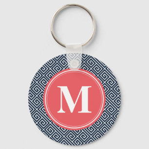 Navy Blue Greek Key Pattern Watermelon Monogram Keychain