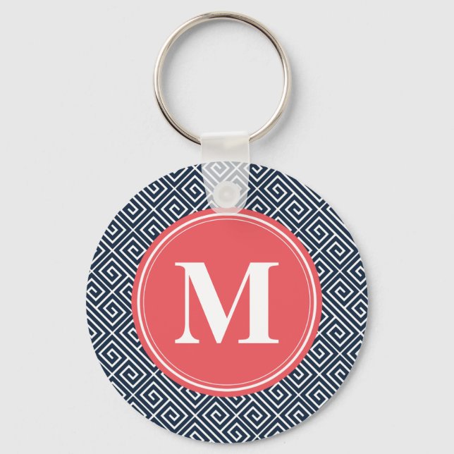Navy Blue Greek Key Pattern Watermelon Monogram Keychain (Front)