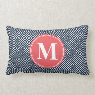 Navy Blue Greek Key Pattern Watermelon Monogram Lumbar Pillow