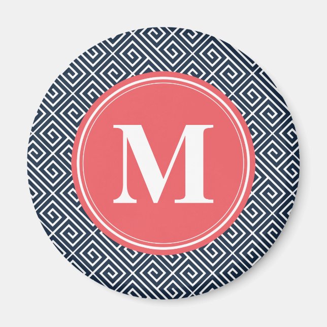 Navy Blue Greek Key Pattern Watermelon Monogram Magnet (Front)