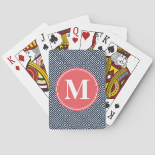 Navy Blue Greek Key Pattern Watermelon Monogram Playing Cards