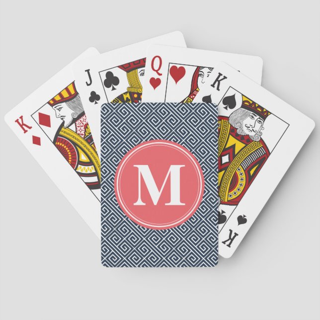 Navy Blue Greek Key Pattern Watermelon Monogram Playing Cards (Back)