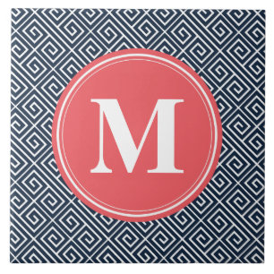 Navy Blue Greek Key Pattern Watermelon Monogram Tile