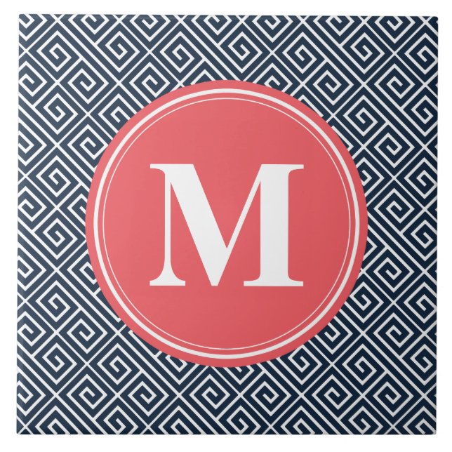 Navy Blue Greek Key Pattern Watermelon Monogram Tile (Front)
