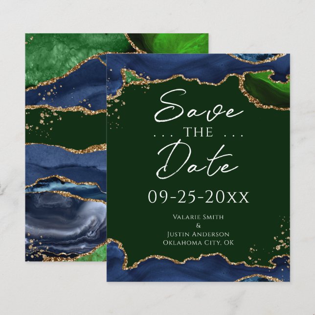 Navy Blue & Green Agate Save the Date (Front/Back)